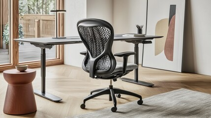 Modern office setup with ergonomic chair and minimalist decor.