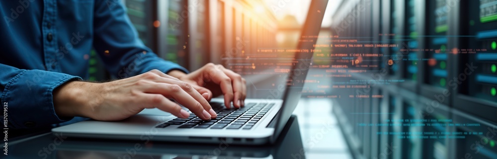 Aufkleber Person codes on laptop in data center. Person works on digital tech. Coding in futuristic tech environment. Programmer uses laptop. Person works on programming, software dev. Data management system