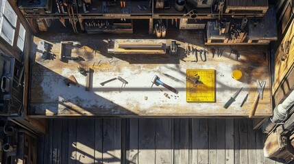 Workbench in Rustic Workshop with Hand Tools and Light Shadows