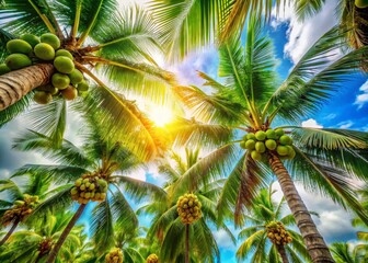 Obraz premium Tropical Paradise: Stunning Bottom-Up View of Palm Trees with Coconuts on a Sunny Island