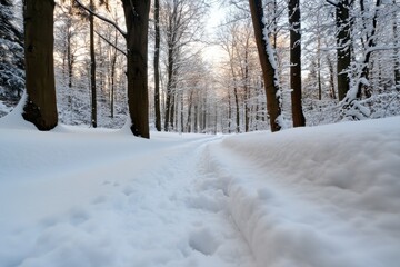 Obraz premium A quiet, snow-covered path leads through a tranquil winter forest, inviting peaceful contemplation and exploration in a pristine, serene environment.