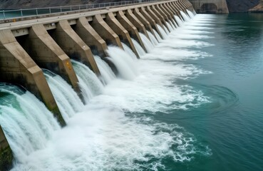 Hydroelectric power station releases water from dam. Powerful flow of water rushes down spillways. Concrete structure of dam prominent. Waterway carries water downstream. Industrial facility