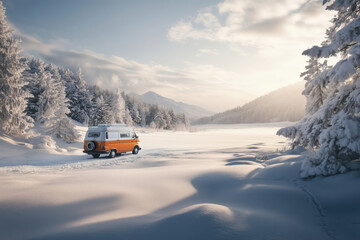 Yellow Camper van in snow winter mountain landscape. Family vacation travel, holiday trip in motorhome.