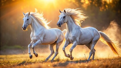Fototapeta premium Two White Arabian Horses Galloping Towards Owner in Field - Stunning Equestrian Stock Photo