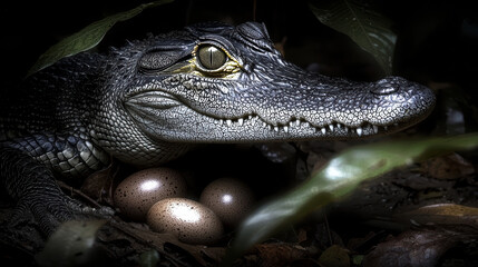 Fototapeta premium close up of crocodile resting near its eggs in dark environment, showcasing intricate textures and details