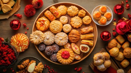 Assorted Colorful Traditional Desserts on a Wooden Serving Platter