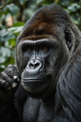 Obraz premium Expressive portrait gorilla. Animal. Close-up captures character and personality. Ideal for nature lovers, pets and wildlife