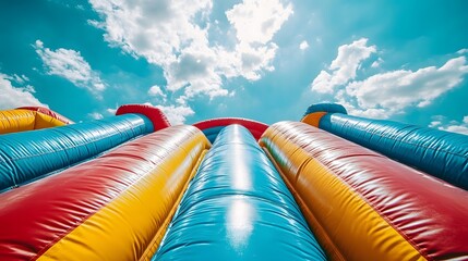 Colorful inflatable bounce castle dominates the scene against a bright blue sky with puffy white clouds, featuring bright primary colors of yellow, red, blue and green, photographed from a low angle