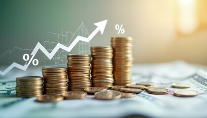 Stacked coins symbolize financial growth. Upward trend graph, percentage symbol above coins suggest increasing interest rates investment returns. Business growth mortgage investment concepts