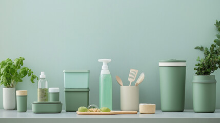 Eco-Friendly Modern Kitchen with Sustainable Cookware, Natural Food Containers, and Green Cleaning Products for a Green Lifestyle Campaign