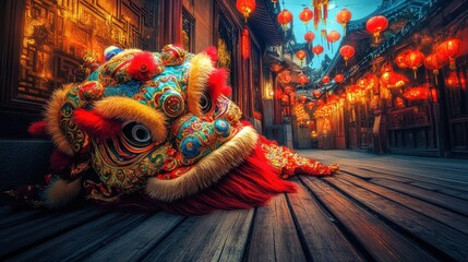 Obraz premium Colorful Chinese Lion Dance Costume in Traditional Festival Setting