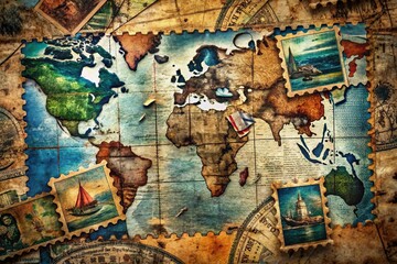 Fototapeta premium Urban Exploration: French Polynesian Travel Stamps & Maps - Grunge Texture