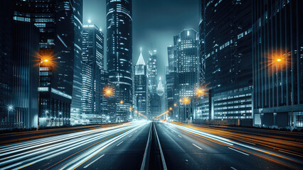 Obraz premium A night modern city with abstract light trails.