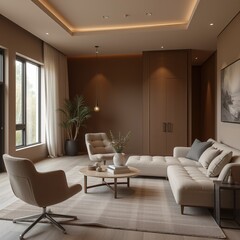 Minimalist brown-toned living room with cozy seating area