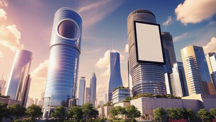Futuristic Skyscrapers with Large Digital Billboard at Sunset  
