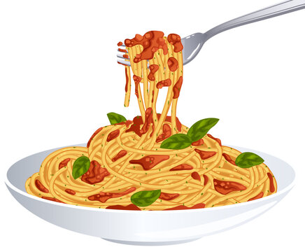 Pasta Al Pomodoro - Spaghetti Plate with Tomato Sauce and Basil. Spaghetti Twirled on Fork - Authentic Italian Cuisine Detailed Illustration