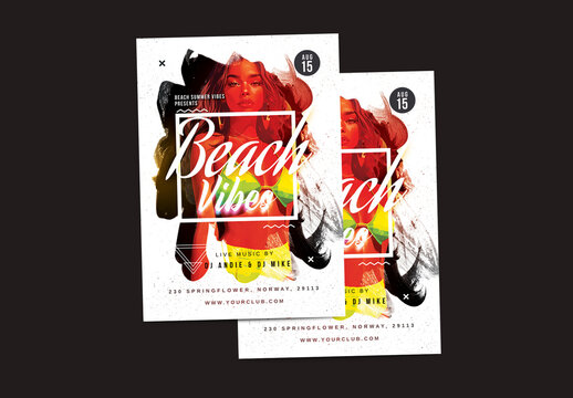 Beach Vibes Party Flyer with Female Model in Abstract Style.