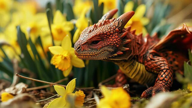 Red Welsh dragon in yellow daffodil flowers, Saint David's Day Holiday celebration in Wales, United Kingdom.