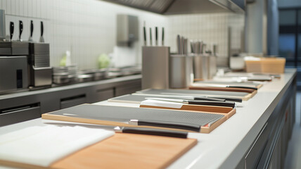 プロフェッショナルな板前の厨房、整然と揃った寿司道具