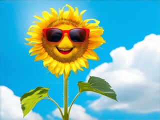 Bright sunflower in sunglasses smiles against a clear blue sky with fluffy clouds