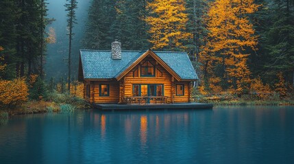 Obraz premium A cozy wooden cabin by a serene lake surrounded by autumn foliage.
