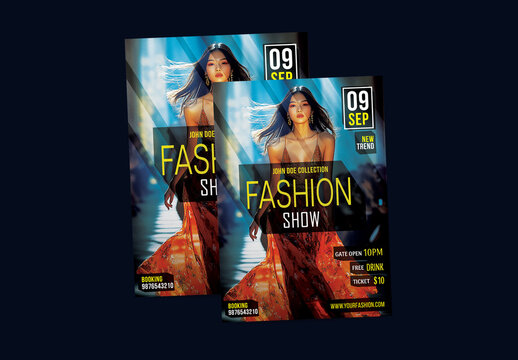 Fashion Show Flyer with Female Model in Strap Dress and Event Details.