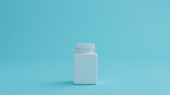 Square white mockup plastic bottle with a screw cap on a blue background. Minimalist design for healthcare or packaging presentation
