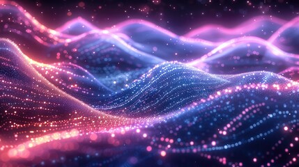 Obraz premium An abstract visualization of big data, glowing waves of neon particles in shades of pink and purple flowing across a deep blue digital landscape, resembling an ocean of information.