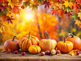 Vibrant Autumn Leaves and Pumpkins Background - Fall Harvest Stock Photo