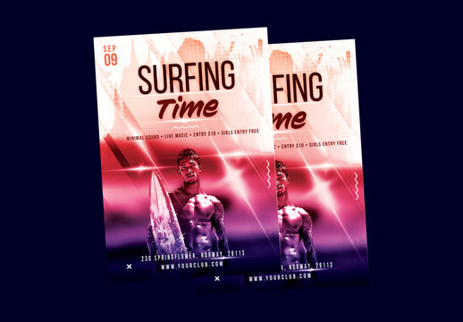 Surfing Time Flyer or Template with Handsome Male Surfer Photo.