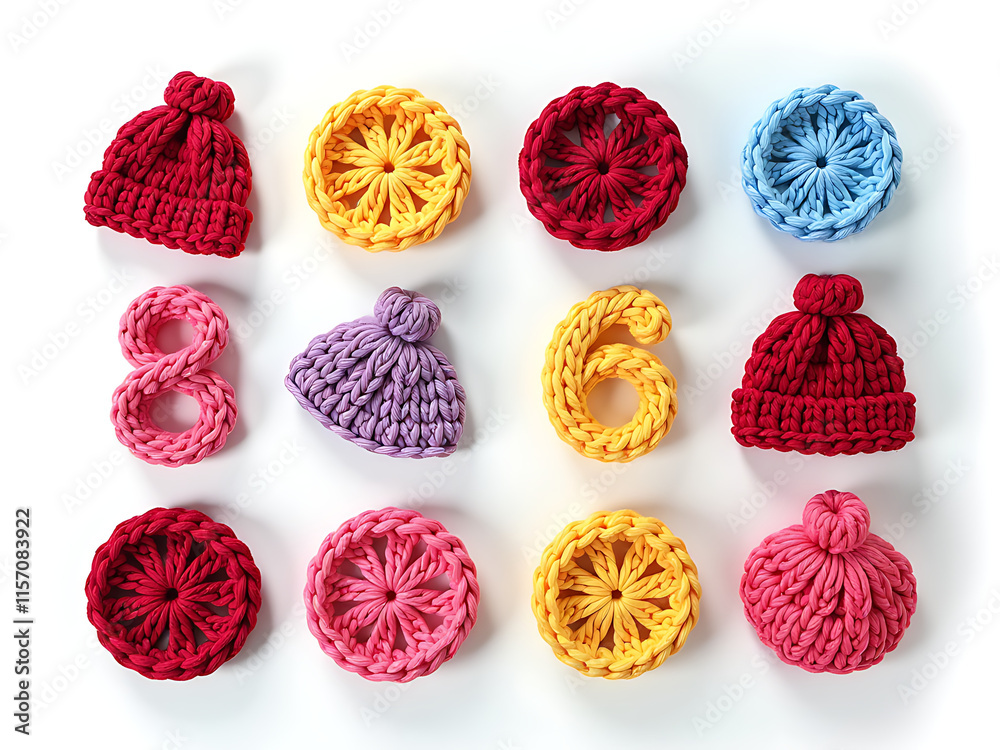 Poster number eight and nine crocheted knitted colorful items isolated on a clean white background display.