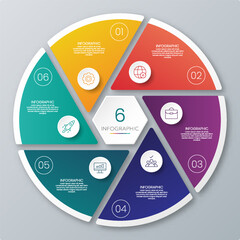 Circle chart infographic template with 6 options for presentations.