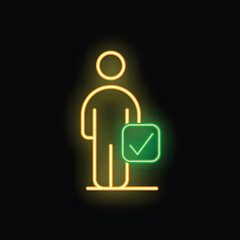 Glowing neon outline of a person with a validation check mark, representing concepts such as approval, success, and acceptance