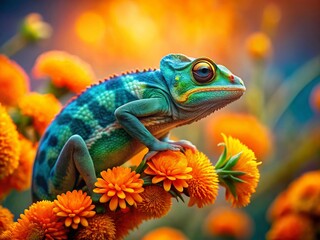 Obraz premium Vibrant Chameleon on Orange Flowers: Surreal Photography Stock Image