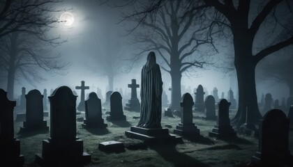 Mournful figure at night in a misty cemetery.