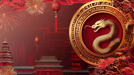 Obraz premium Festive Chinese New Year Dragon Fireworks Lanterns Temples