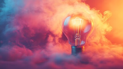 Light bulb emits colorful smoke effects against a soft peach-orange backdrop, symbolizing brainstorming and innovative thinking, with artistic powder explosion creating a dreamy, ethereal atmosphere