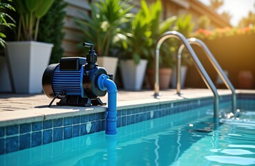 Blue pump system works beside a swimming pool. Maintenance equipment beside water. Outdoor swimming pool scene. Poolside water clean. Summer sunny day.