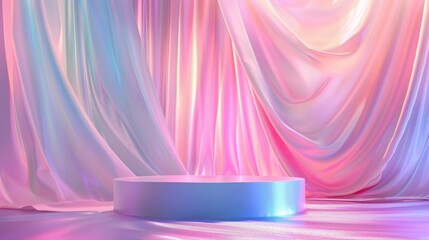 Iridescent display podium with silk curtains for showcasing beauty and cosmetic products in an elegant setting