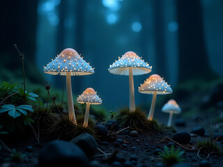 Fototapeta premium Mysterious Glowing Mushrooms Thrive In The Dark Forest, Their Ethereal Luminescence Filling The Quiet, Eerie Atmosphere Of This Mystical Place. 00001