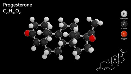 Molecule: Progesterone. Female sex hormone. Molecular structure. Formula: C21H30O2. Chemical model: Ball and stick. Black background. 3D illustration.