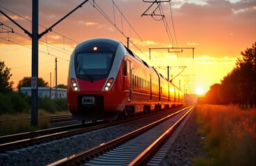Red, white high-speed train travels along tracks at sunset. Vibrant colors. Fast train journey on railway line. Modern transportation. Beautiful view of train tracks. Sunset light shines on train.