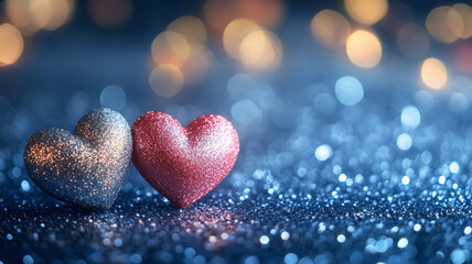Fototapeta premium Two shiny hearts are placed on a sparkling blue surface, creating a romantic atmosphere