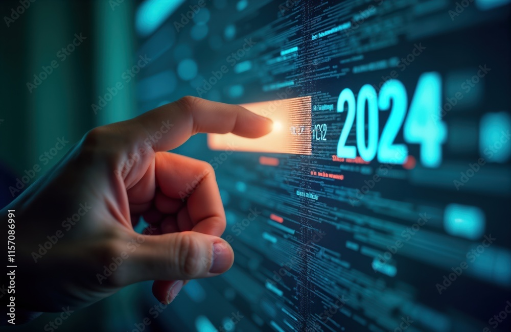 Poster hand touches screen changing year from 2023 to 2024. new year tech concept. countdown to new year, m