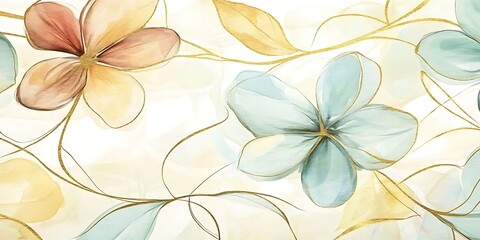 Obraz premium Watercolor floral design with pastel flowers and gold accents on white background.