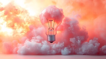 Light bulb emits colorful smoke effects against a soft peach-orange backdrop, symbolizing brainstorming and innovative thinking, with artistic powder explosion creating a dreamy, ethereal atmosphere