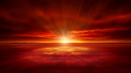 Fiery Sunset Grid Landscape  Abstract Red Background