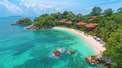 Idyllic tropical beach resort with villas, turquoise water, and white sand.