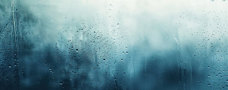 Cold foggy window glass background with water drops creating a misty gray blue ambiance for design and web use