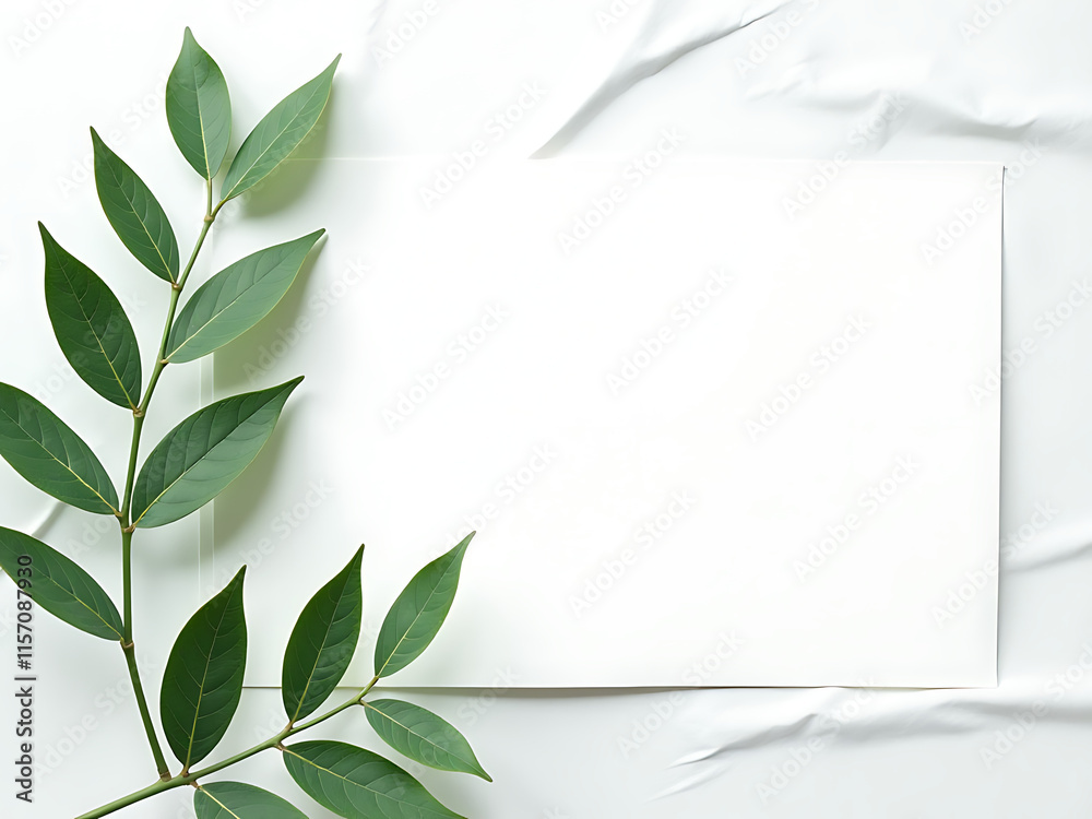 Poster minimalist design features green leaves on a wavy white background with copy space available for tex